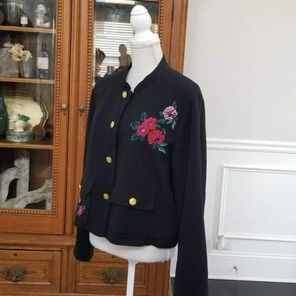 a new day Long Sleeve Jacket Gold Buttons Red Lining Floral Embroidery Size 16 - Picture 3 of 12